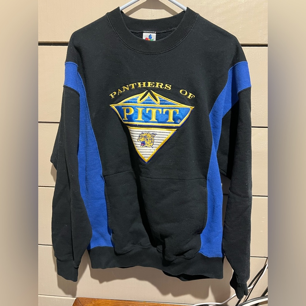 Vintage Large Pitt Panthers Black and Blue Crewneck, Kangaroo Pocket